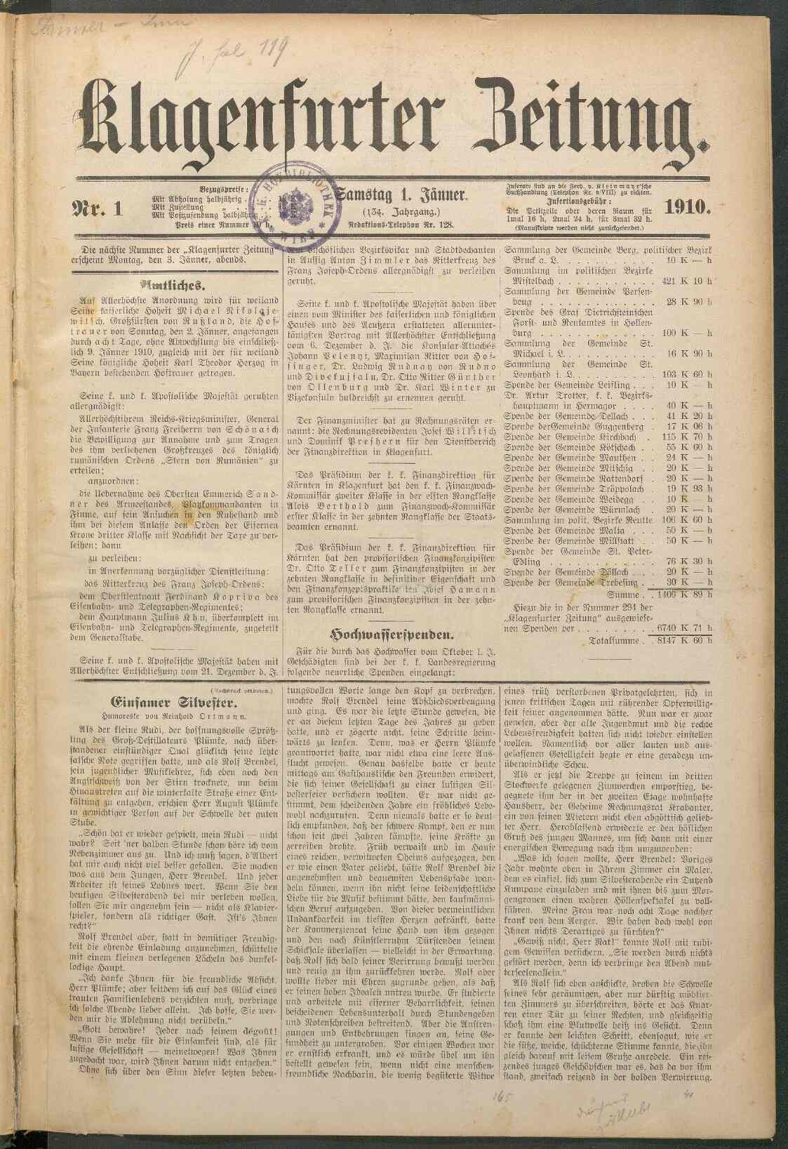 Klagenfurter Zeitung, 1.1.1910, S.1, ANNO/ÖNB