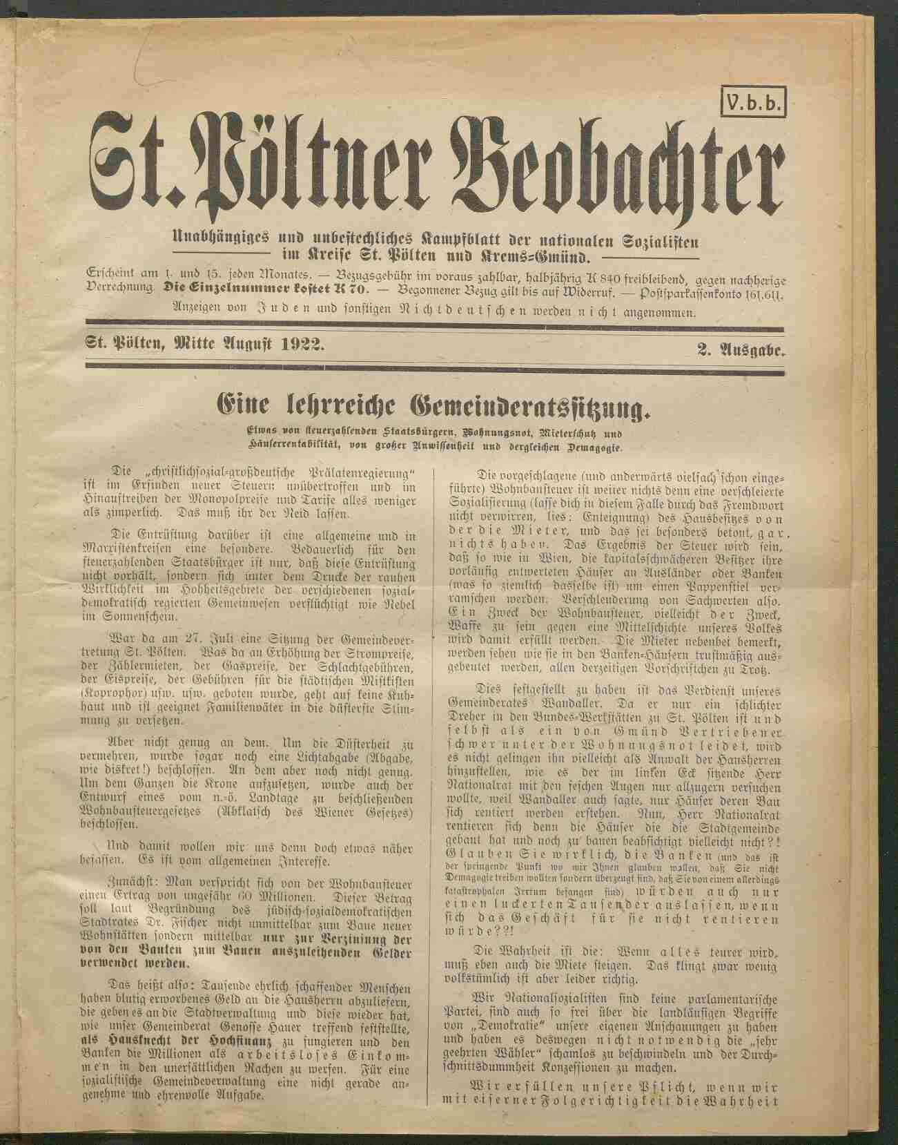 St. Pöltner Beobachter, 1922, Ausgabe 2, S.1, ANNO/ÖNB