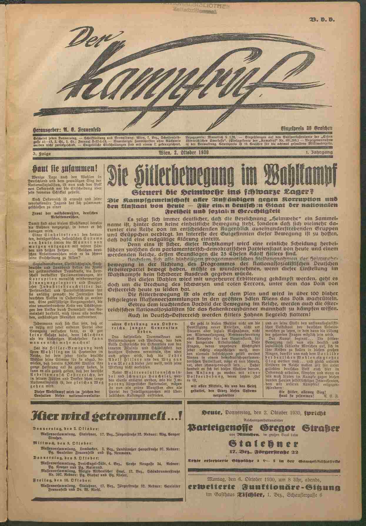 Der Kampfruf, 2.10.1930, Titelblatt, ANNO/ÖNB
