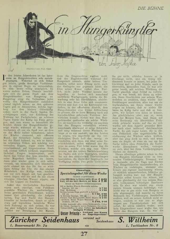 Franz Kafkas Erzählung „Ein Hungerkünstler“ erschien 1925 mit Illustrationen in der österreichischen Zeitschrift „Die Bühne“ (Nr. 40, S. 27)