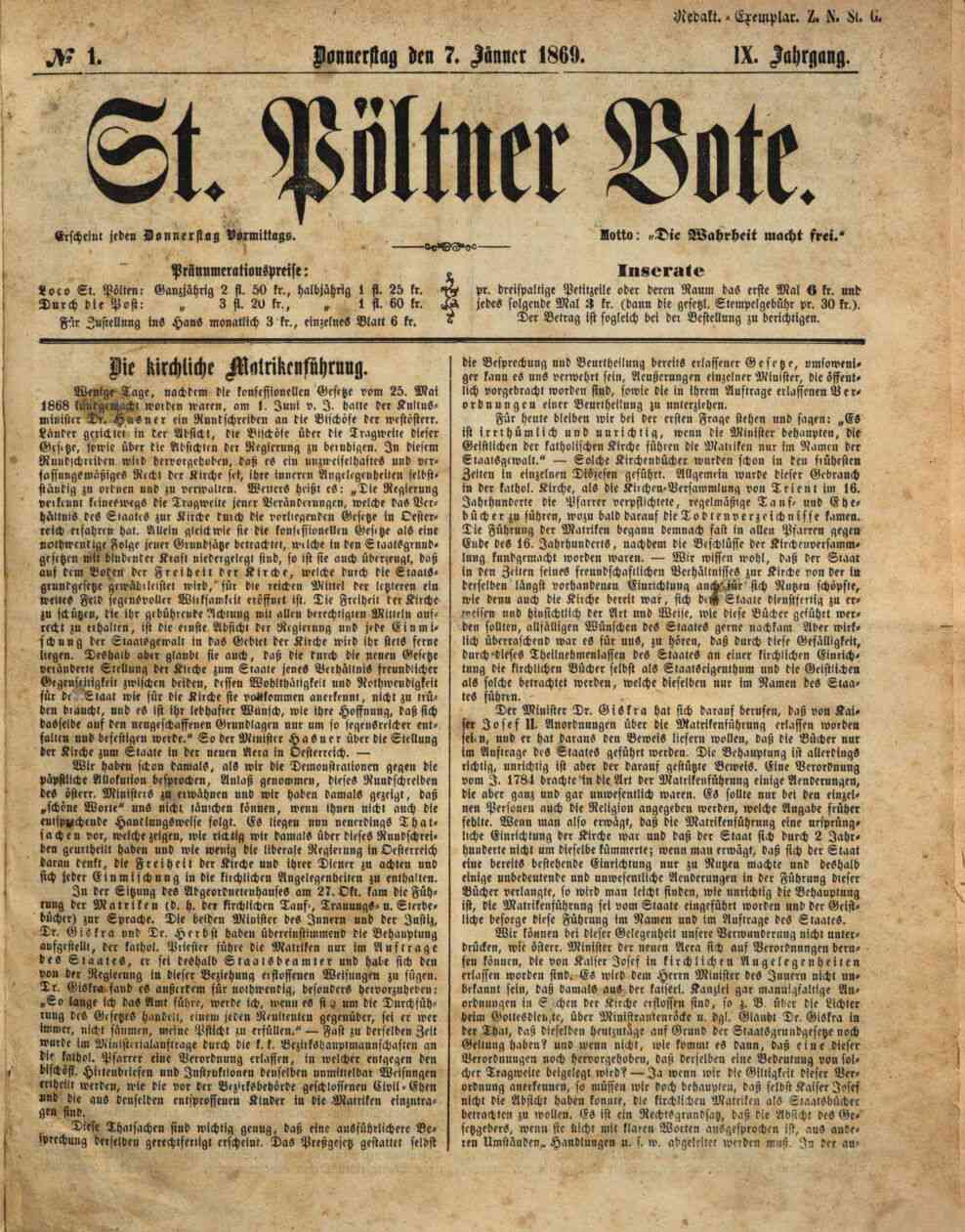 St. Pöltner Bote, 7.1.1869, S.1, ANNO/ÖNB