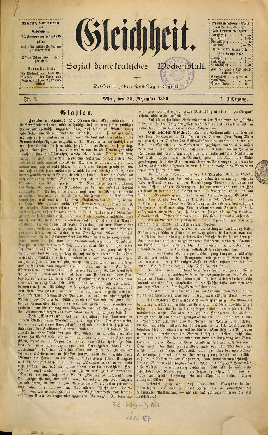 Gleichheit, 25.12.1886, S.1, ANNO/ÖNB