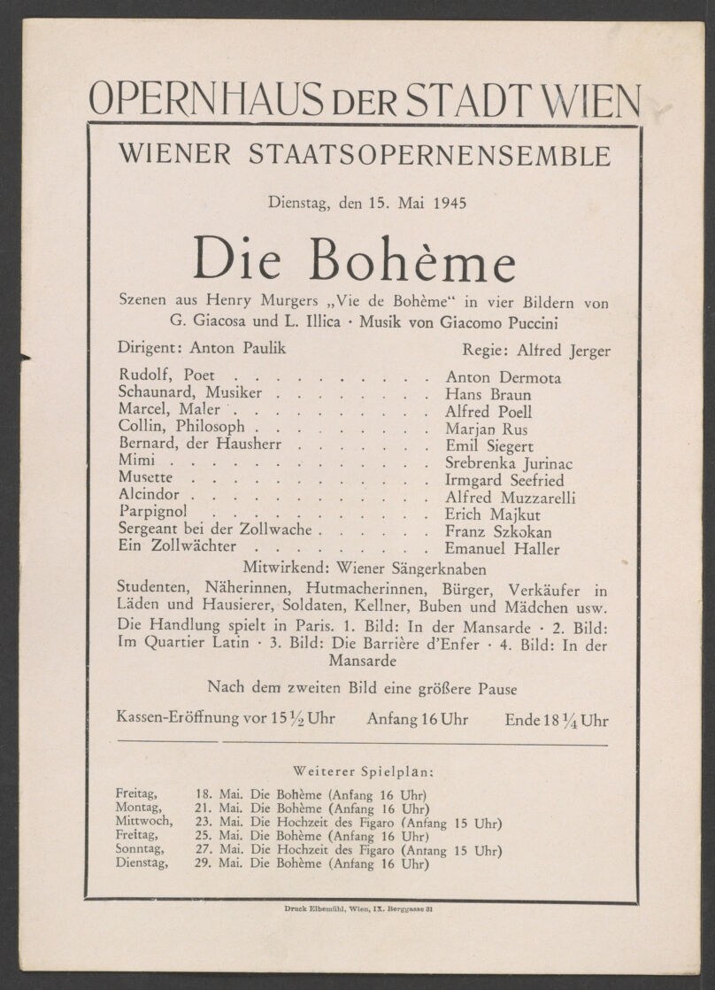 Theaterzettel des Hof-Operntheaters / Staatsoper 15.5.1945, ANNO/ÖNB