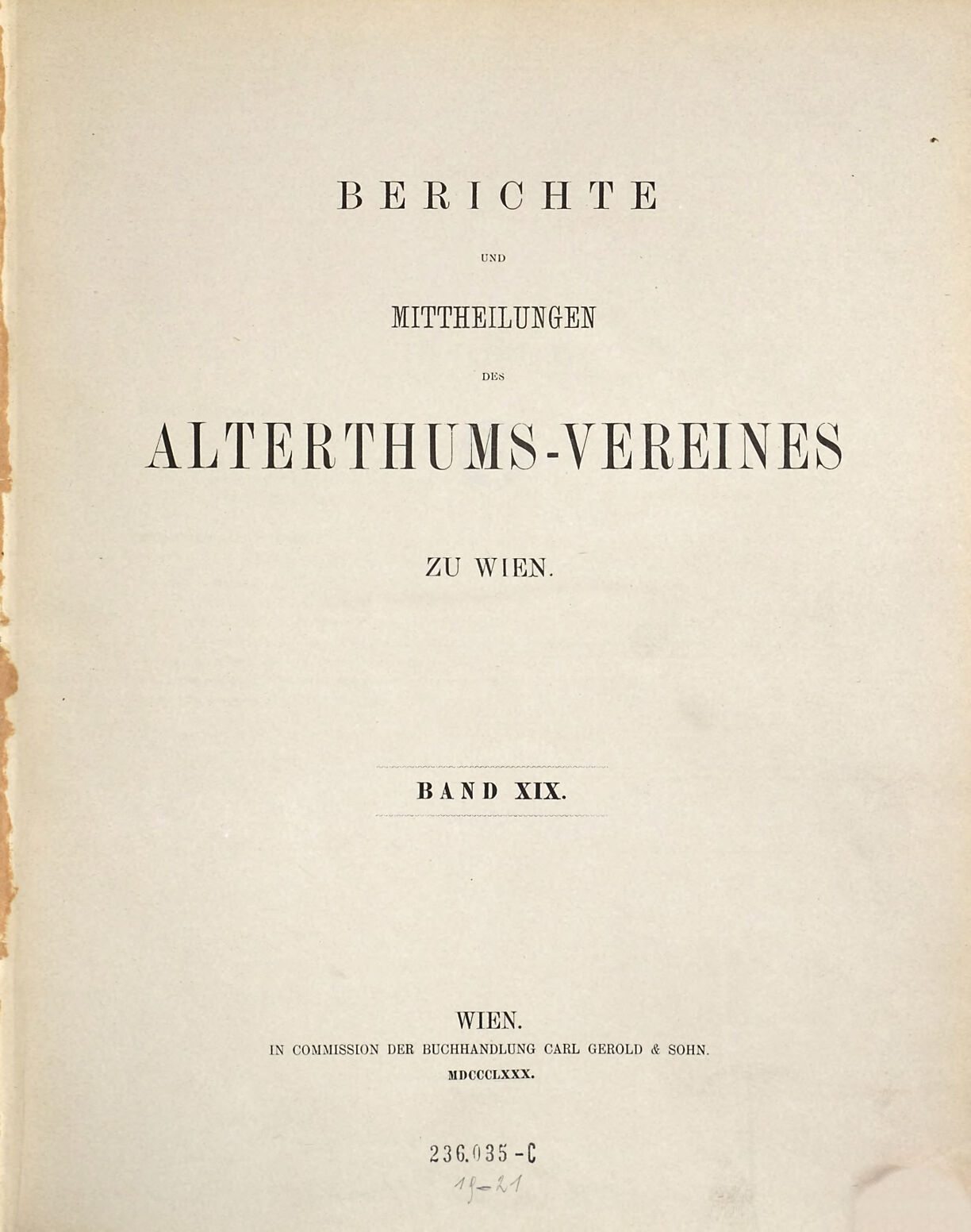 Jahrbuch des Vereins für Geschichte der Stadt Wien, Titelblatt 1880, ANNO/ÖNB
