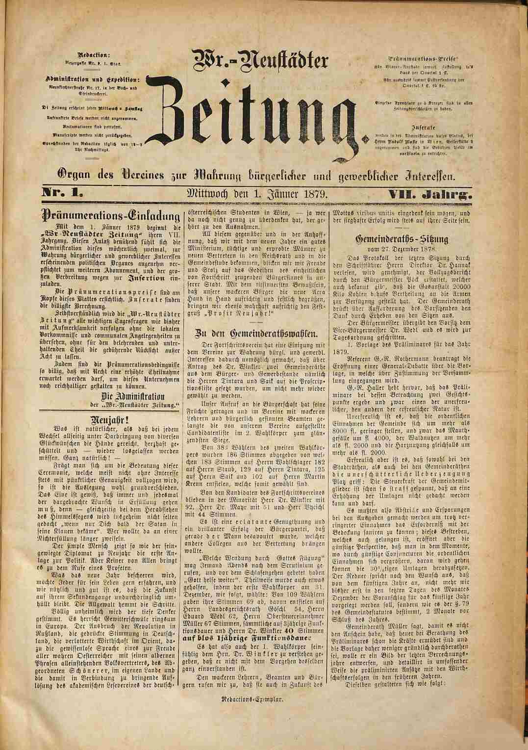 Wiener Neustädter Zeitung, 1.1.1879, S.1, ANNO/ÖNB